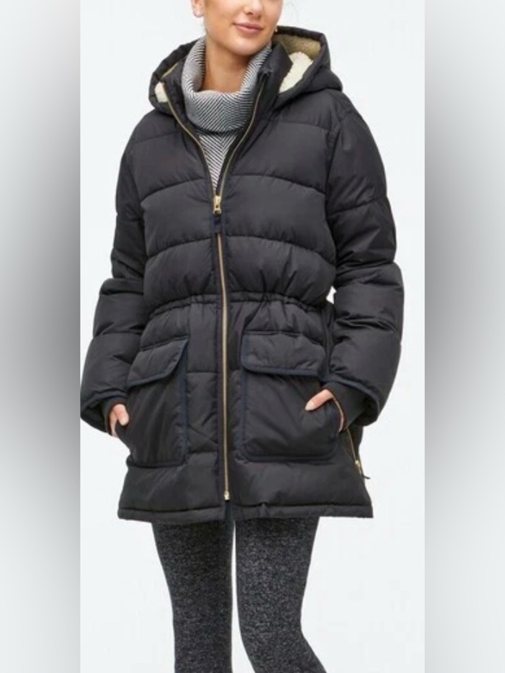 J.Crew Black Long Puffer Coat XS Leopard Lined Sherpa Hood Gold Zip